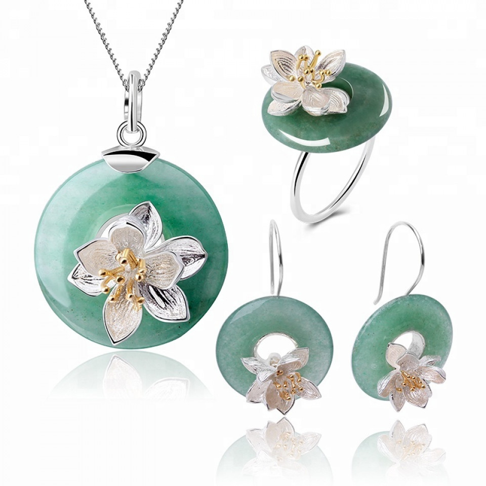 Lotus Whispers Shape ring Drop Earring Necklace 925 Sliver Jade Jewelry Sets For Women